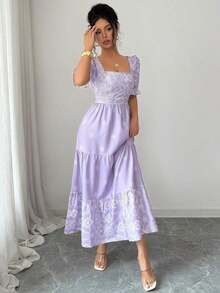 xheElenzga Vestido casual/de trabajo de manga corta con cuello cuadrado y cintura ceñida en línea A con estampado para mujerxhe - Púrpura malva - Ver 5