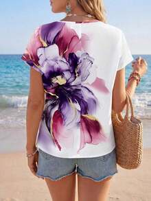Blusa casual con estampado floral, cuello redondo y mangas tipo murciélago para mujer, blusa floral azul, blusa floral azul y blanca, blusa floral, blusa floral para mujer, blusa de verano, blusas elegantes para mujer, casual - Multicolor 5 - Ver 2