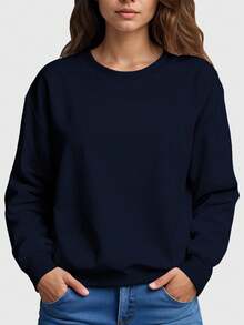 Set Of 2 Women's Plain Crew Neck Fleece Sweatshirts In Various Colors - Navy Blue - View 3