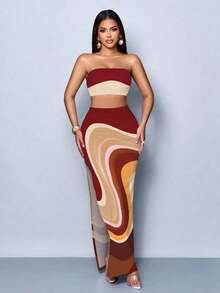 Vestido maxi elegante de fiesta con estampado de rayas abstractas y colores vibrantes, diseño ceñido y sexy, perfecto para salir, fiestas y vacaciones - Multicolor 12 - Ver 3