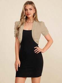 Clasi Chaqueta corta de mujer elegante con mangas cortas de encaje y botones delanteros para la oficina en otoño/invierno - Caqui - Ver 4