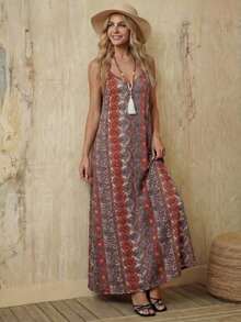 Vestido casual largo de punto elástico para mujer, cómodo y de moda para primavera/verano, vacaciones, adecuado para verano, vacaciones, con estampado vintage de flores, hojas y tropical - Multicolor 5 - Ver 10