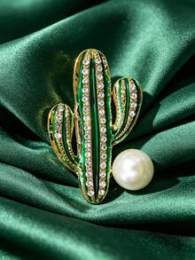Green Enamel Cactus Brooches, Alloy Electroplate & Rhinestones Botanical Pins, Pins For Backpack, Pins For Bags, Enamel Pins - Green - View 3