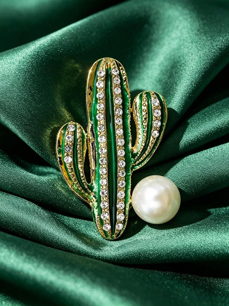 Green Enamel Cactus Brooches, Alloy Electroplate & Rhinestones Botanical Pins, Pins For Backpack, Pins For Bags, Enamel Pins