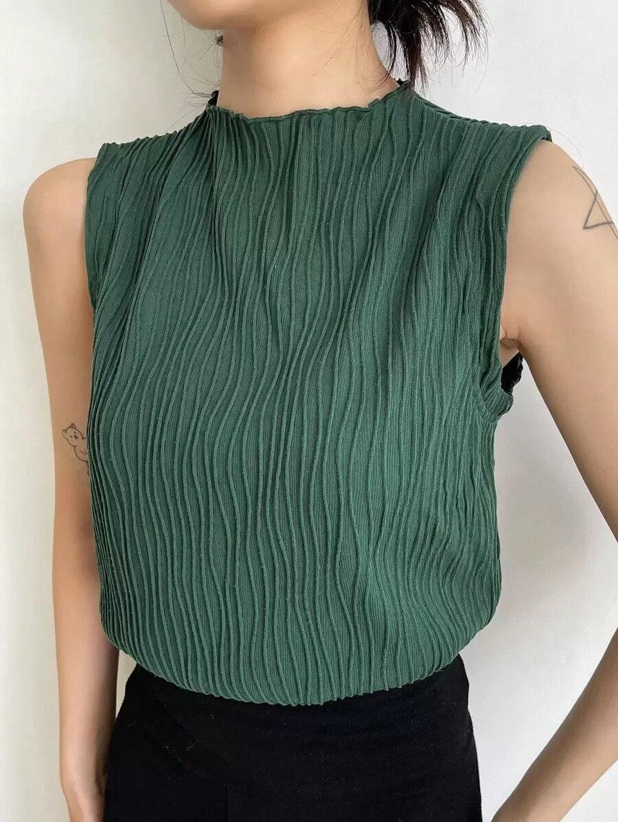 Blusas de tirantes de cuello alto de verano de tela con textura uniforme, casuales pero elegantes - Verde Oscuro - Ver 1