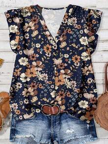 Blusa casual de mujer con estampado floral vintage, adecuada para el verano, citas, uso en la oficina y blusas elegantes para exteriores - Azul marino - Ver 6