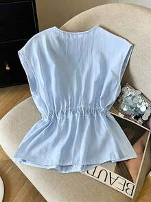 Camisa de lino sin mangas informal para mujer, cuello en V con botones dorados, cintura ceñida, decorada con pañuelo con flor de anacardo, versátil para ir al trabajo y ocio, diseño retro relajado con cordón, estilizador y embellecedor, top corto - Celeste - Ver 2