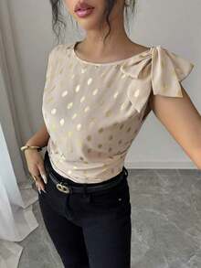 Blusa con lazo plisado de satén sólido, elegante, con lunares en color albaricoque y dorado, Camisa de lunares burdeos y dorado, Blusa con lazo de lunares burdeos, Blusa formal, Camisa de lunares albaricoque y dorado, Blusa de verano elegante con - Albaricoque - Ver 6