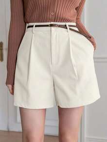 Pantalones cortos de mujer de cintura alta con bolsillos y plisados, de unicolor, para el verano - Blanco - Ver 6