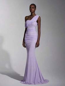 Vestido largo elegante de malla con un hombro, fruncido y ajustado, adecuado para bodas, eventos formales y vestidos de dama de honor - Morado Violeta - Ver 6