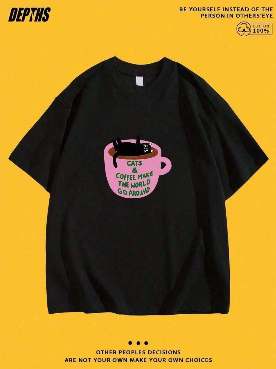Nueva Colección Verano 2026, Estilos Unisex, Camiseta de Cuello Redondo con Patrón Creativo y Divertido de Dibujos Animados, Algodón Puro, Moda de Verano de Manga Corta, Estilo Casual para Salidas Diarias, Adecuada como regalo. playera de mujer. blusas>elegantes. boho chic,Camiseta estampada exquisita - Negro - Ver 1