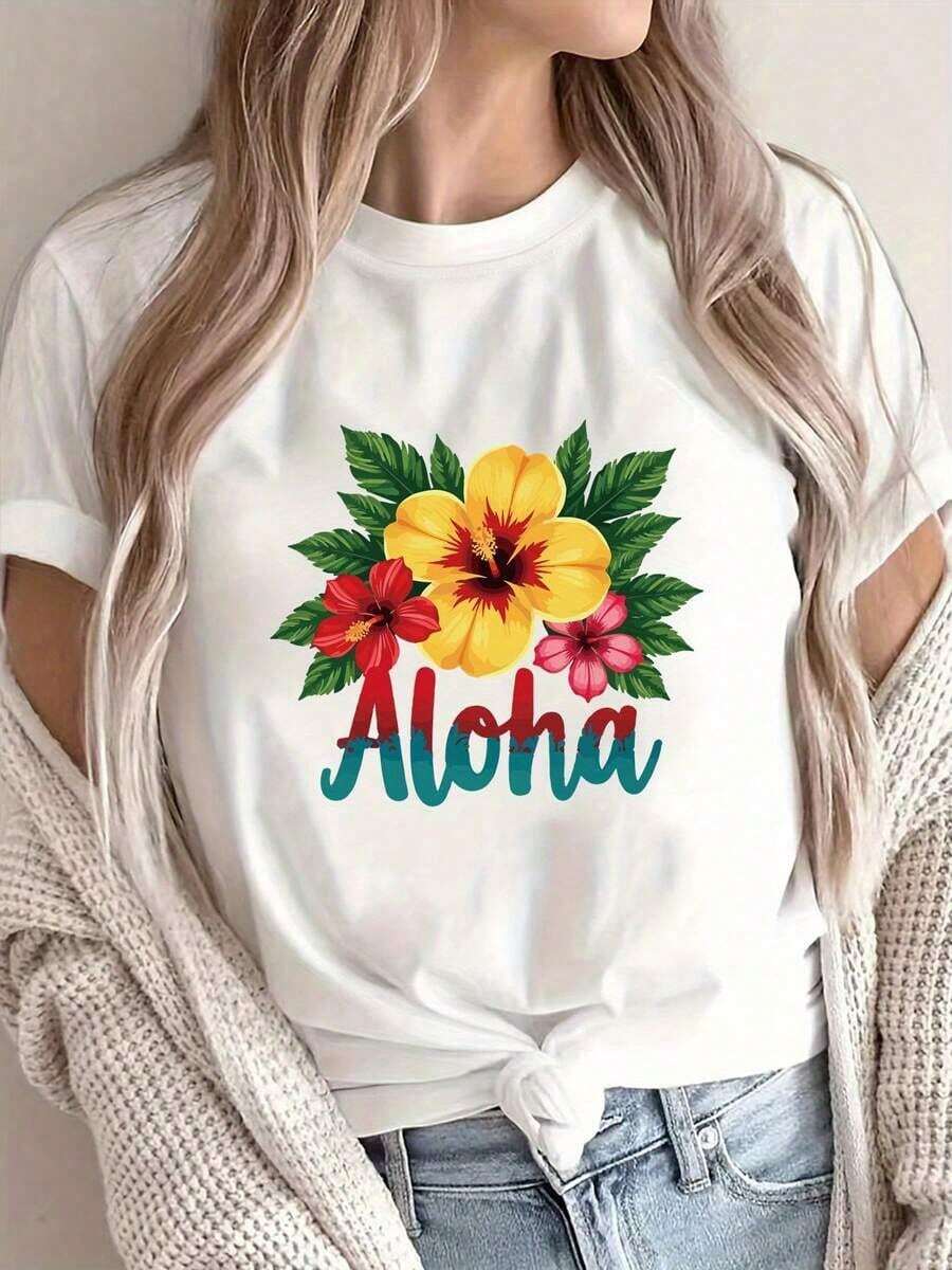 Lightweight T-Shirts With Floral And Letter Prints, Casual Short-Sleeved Round Neck T-Shirt, Women's Clothing, Standard Size Women's Clothing, 100% Cotton, Popular Choice. - 白色的 - 查看 1