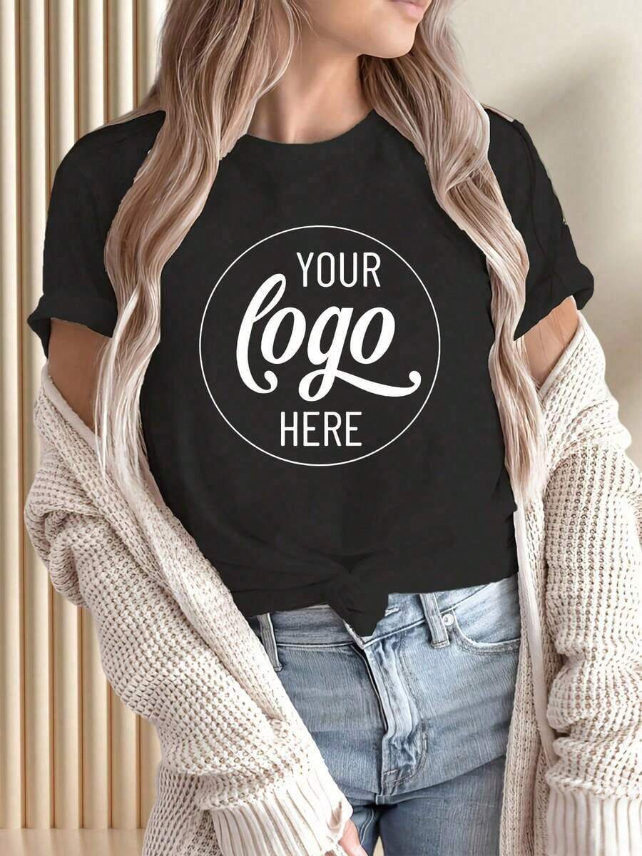 Camiseta de manga corta para mujer con cuello redondo estampado, de tela suave y casual, top para mujer. - Negro - Ver 1