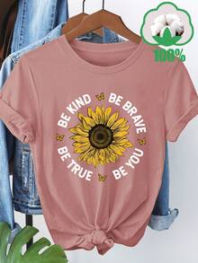 Women's Short Sleeve T-Shirt With Creative Sunflower Slogan Print, Round Neck, Breathable, Casual And Versatile, Ideal For Family Trips, Holidays And Outdoor Activities, Summer And Autumn Season, Model 3259 - 粉色 - 查看 4