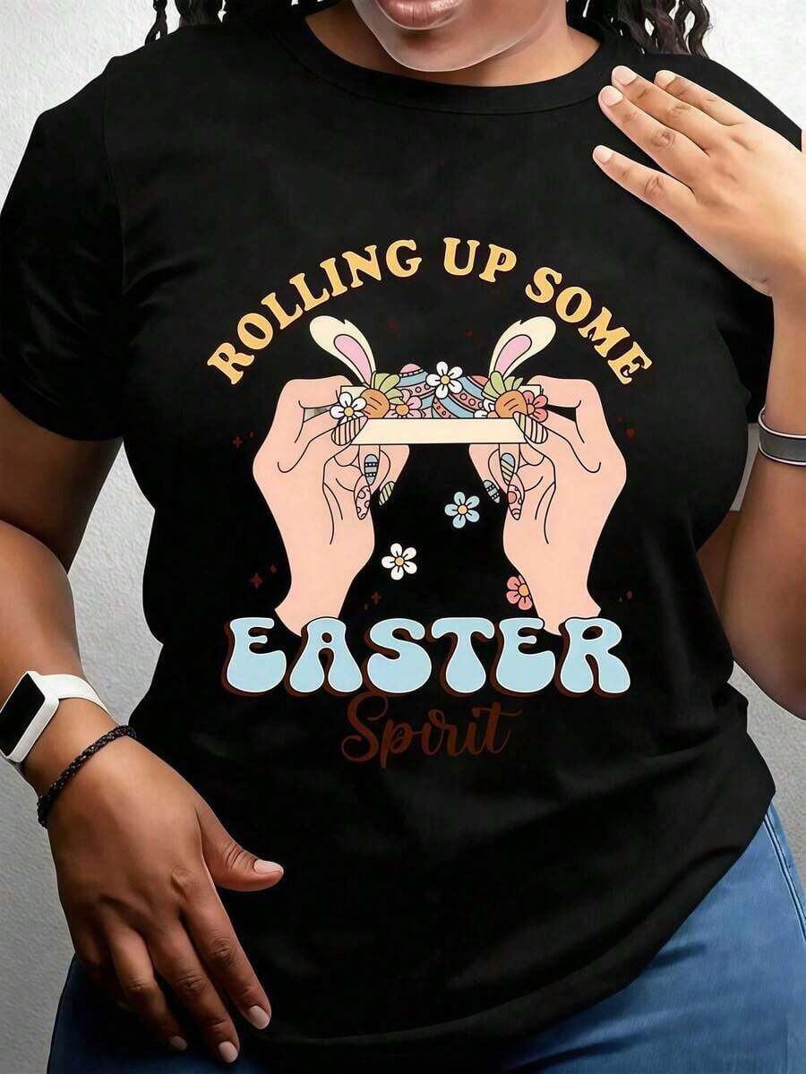 TrendyCamiseta De Mujer Con Diseño De Orejas De Conejo Y Flores Para Celebrar La Pascua, Un Regalo Estacional De Primavera Summer Essentials,Summer Outfits For Women,Graphic TeesEveryday Wear - Negro - Ver 1