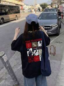 Camiseta Personalizada para Mujer, Casual, Holgada, con Cuello Redondo y Estampado de Letras de Dibujos Animados, Manga Corta, Estilo Primavera/Verano - Camiseta Unisex de Algodón, Estilo Vintage Urbano, Cuello Redondo y Manga Corta - Negro - Ver 2