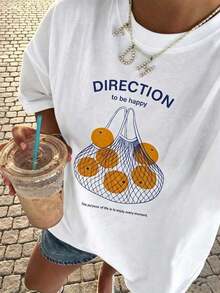 Camiseta Casual de Mujer  con Estampado de Letras, Cuello Redondo y Hombros Caídos, Camisetas Gráficas de Algodón Puro para Mujer - Blanco - Ver 4