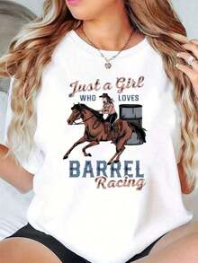 100% Cotton Women's Crew Neck T-Shirt With Equestrian Print "Just A Girl Who Loves Barrel Racing" For Casual Wear. Soft, Simple Solid Color T-Shirt, Loose And Slim Fit, Casual Short Sleeve - 白色的 - 查看 11