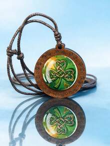 1PC Four Leaf Clover Patterned Dome Glass Inlaid Wooden Pendant Necklace, Paired With Woven Rope Chain, Retro Texture Design, Suitable For Daily Wear Or As A Holiday Gift. - Chocolate Brown - View 19