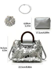 Silver Women's Crossbody Bag Set With Mini Pouch, Fashionable Metallic Texture Shoulder Handbag, 2026 Small Square Women's Bag, Minimalist PU Leather Wallet, Fashionable Chain Strap Messenger Bag For Daily Outings, Shopping, Parties, Lightweight Luxury Designer-Inspired Tote Clutch, Elegant Y2K Street Style For Office, Dates, Vacation, Dinner, Gift Bag - Multicolor - View 10