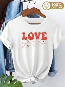 Women's Fashionable Printed Casual Elegant T-Shirt - Love And Stars Design, Black And White Lettering "Love You More", Round Neck, Short Sleeve, Pure Cotton, Versatile For Everyday Wear And Vacations, Sizes S-XXL, Vintage Style T-Shirt, Non-Stretch And Comfortable, Fashionable Top, Heart Design, Vacation Outfit, Success - 白色 - 查看 7