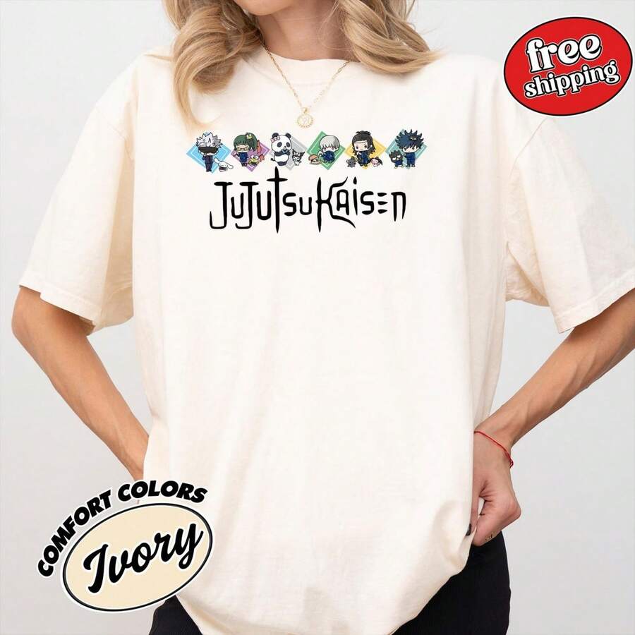 Juijutsu Kaisen Cast Anime Cartoon Shirt, JJK Manga Panel Graphic Women's Fitted Shirt, G0jo Itadori Megumi N0bura Shirt - Blanco - Ver 1