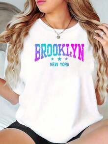 Women's Casual Sports T-Shirt, Round Neck, Short Sleeve, Boston New York Letter Print, Comfortable Summer Vacation Top - Unisex Vintage Urban Style, Loose Fit 100% Pure Cotton T-Shirt - 白色 - 查看 7