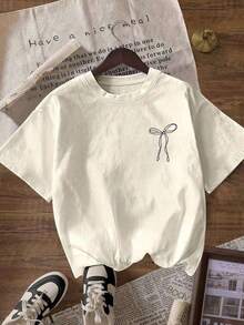 Women's Short-Sleeved T-Shirt With A Round Neck And Pink Bow Print With Slogan, Wrinkle-Resistant Cotton T-Shirt. Women's T-Shirts, Women's Blouses, Casual Blouses For Ladies - 黑色 - 查看 7