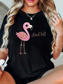 Women's Loose-Fitting T-Shirt - Black Flamingo Print With The Slogan "Stand Tall", Soft And Breathable Fabric, Pink And Gold Flamingo Design With White Lettering, Comfortable For All Seasons, Machine Washable For Everyday Summer Wear, Suitable For Beach, Picnic And Home Use - Positive Energy Outfit - Unisex Cotton Short-Sleeved Crew Neck T-Shirt, Urban Vintage Style. - 黑色 - 查看 1