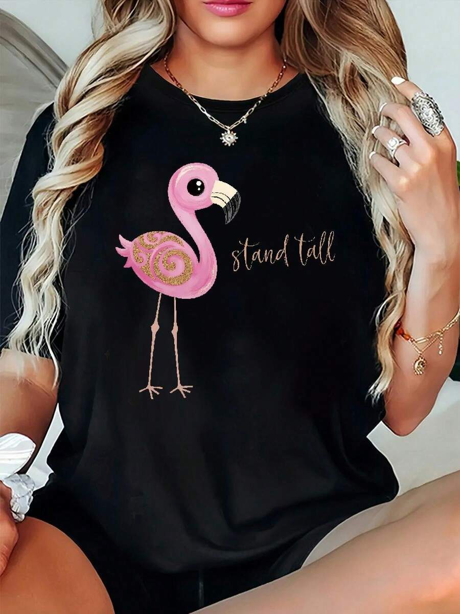 Women's Loose-Fitting T-Shirt - Black Flamingo Print With The Slogan "Stand Tall", Soft And Breathable Fabric, Pink And Gold Flamingo Design With White Lettering, Comfortable For All Seasons, Machine Washable For Everyday Summer Wear, Suitable For Beach, Picnic And Home Use - Positive Energy Outfit - Unisex Cotton Short-Sleeved Crew Neck T-Shirt, Urban Vintage Style. - 黑色 - 查看 1