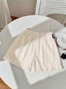 Set de 3 piezas de shorts casuales sueltos con cordones, volantes y bordados para mujeres, de unicolor, a rayas y con estampado de parches, adecuado para uso diario, citas, fiestas, otoño/invierno/verano, Navidad, Año Nuevo, Acción de Gracias, fie - Multicolor - Ver 5