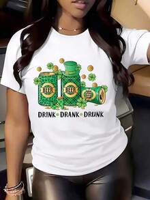Women's Short Sleeve Crew Neck T-Shirt With Print, Beer Can Cap, Clover, Drunken Drinking, S-3XL, Fashionable, Comfortable And Breathable, Machine Washable - 白色 - 查看 1