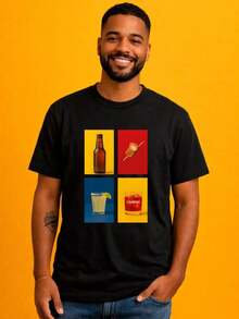 Versatile.1pac.100% cotton.Minimalist black cotton tee with beer themed print, classic Brazilian style for bar and casual gatherings.Moda Corte - nero - Visualizzare 6
