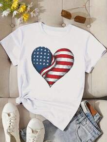 Women's Comfit T-Shirt With American Flag And Heart Design - White - View 8