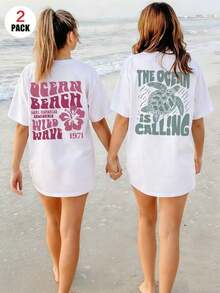 3 piezas 2 piezas/set Camiseta de manga corta con cuello redondo y estampado de letras y tortugas marinas, estilo casual de verano para mujer, camiseta gráfica, blanca, negra, rosa, conjunto de vacaciones para damas.|Moda Urbana Local de Primavera/Verano||Uso Casual Diario Primavera Verano Moderno Moldeador|Conjunto de verano para mujer, ropa de vacaciones|Blusas elegantes para mujer, ropa de primavera, blusas de verano. - Blanco - Ver 1