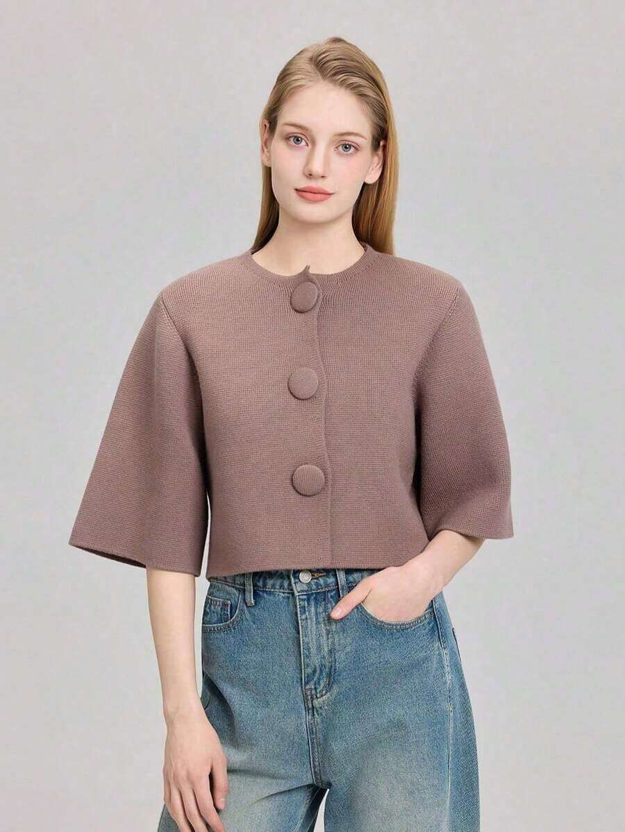 Cárdigan de punto de cuello redondo y manga corta con botones, primavera - Negro - Ver 1