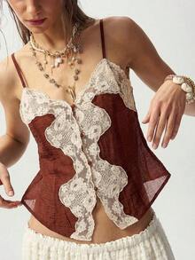 Black And White Color Block Lace Tank Top, Bohemian Style, For Summer Vacation, Casual Outings, Music Festivals, Free And Relaxed Style, Carnival Costume, Beach Outfit, Summer Vacation Outfits For Women - 白色 - 查看 3