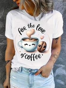 Fun Cartoon Coffee And Coffee Bean Print T-Shirts, Letter Print T-Shirts, Born From A Love Of Coffee, T-Shirts For Coffee Enthusiasts, Gifts For Coffee Lovers - 白色 - 查看 7