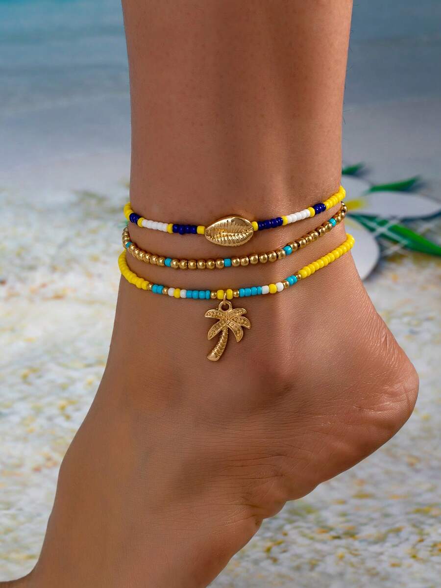 Set de 3 piezas de tobillera con estilo bohemio y océano, con árbol de coco y conchas de metal con cuentas de colores - Multicolor - View 1