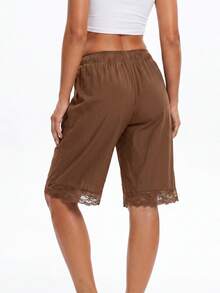 Women's Fashion Shorts Lace Trim Drawstring Elastic Waist Short Pants Summer Casual Shorts - Marrón - Ver 6
