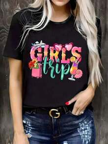 Men's Short-Sleeved T-Shirt, 100% Heavyweight Cotton, With "Girls Trip" Print, A Seasonal Wardrobe Essential, Artistic Style, Breathable Printed Top For Adults. A Hit. - 黑色 - 查看 7
