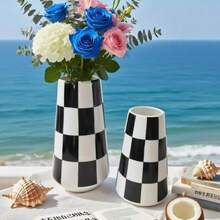 Stylish Striped Ceramic Vase - Ideal For Living Room Decor, Perfect New Home Or New Year Gift (No Flowers), Ceramic Vase Decor|Striped Ceramic Vase|Decorative Knot Design, Ceramic Vase Decorations - Checkered Bottle - View 2