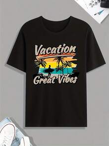Camiseta estilo playa de verano, camiseta para hombre, camiseta casual de manga corta para primavera, verano y otoño, adecuada como regalo. - Negro - Ver 1