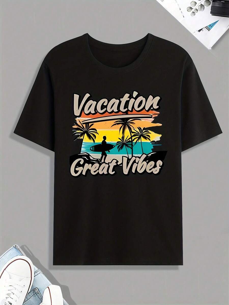 Camiseta estilo playa de verano, camiseta para hombre, camiseta casual de manga corta para primavera, verano y otoño, adecuada como regalo. - Negro - Ver 1
