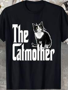 Funny Mama Cat Print T-Shirt - Men's Casual Black And White Cotton T-Shirt, Short Sleeve, Crew Neck, Machine Washable, Geometric Print, Perfect For Casual Wear - 黑色 - 查看 1