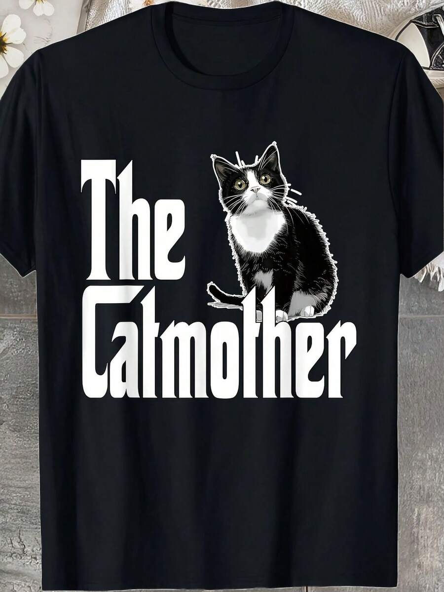 Funny Mama Cat Print T-Shirt - Men's Casual Black And White Cotton T-Shirt, Short Sleeve, Crew Neck, Machine Washable, Geometric Print, Perfect For Casual Wear - 黑色 - 查看 1