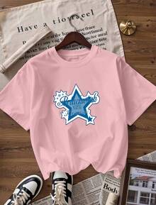 Blue Star T-Shirt With Printed Text, Fashionable Short-Sleeved T-Shirt For Spring And Summer 2026, Made In Mexico, 180 Grams. Cartoon Print, Couple Design, Suitable For Indoor Or Outdoor Wear. Crew Neck, Unisex, Ideal For Office And Leisure. One-Pack. - PK-P631577SLNDXZGY643 - 查看 3