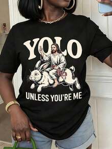 1 Piece Of Women's Summer T-Shirt With Jesus Riding A Rabbit Print, "Yolo Unless You're Me", Casual Short-Sleeved Round Neck T-Shirt For Spring And Summer, Gifts For Friends And Family. - 黑色 - 查看 1