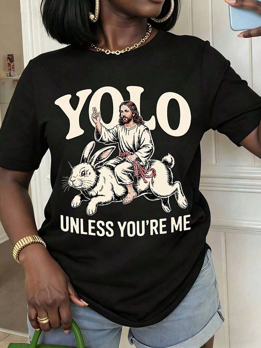 1 Piece Of Women's Summer T-Shirt With Jesus Riding A Rabbit Print, "Yolo Unless You're Me", Casual Short-Sleeved Round Neck T-Shirt For Spring And Summer, Gifts For Friends And Family. - 黑色 - 查看 1