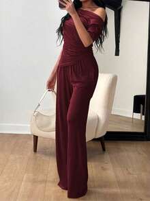 New Women's Summer Outfit, Minimalist And Elegant Style, Short Sleeves, Long Pants, Flattering Design, Cool, Versatile, Perfect For Office, Daytime Looks, Walks And Everyday Wear - 酒紅色 - 查看 6